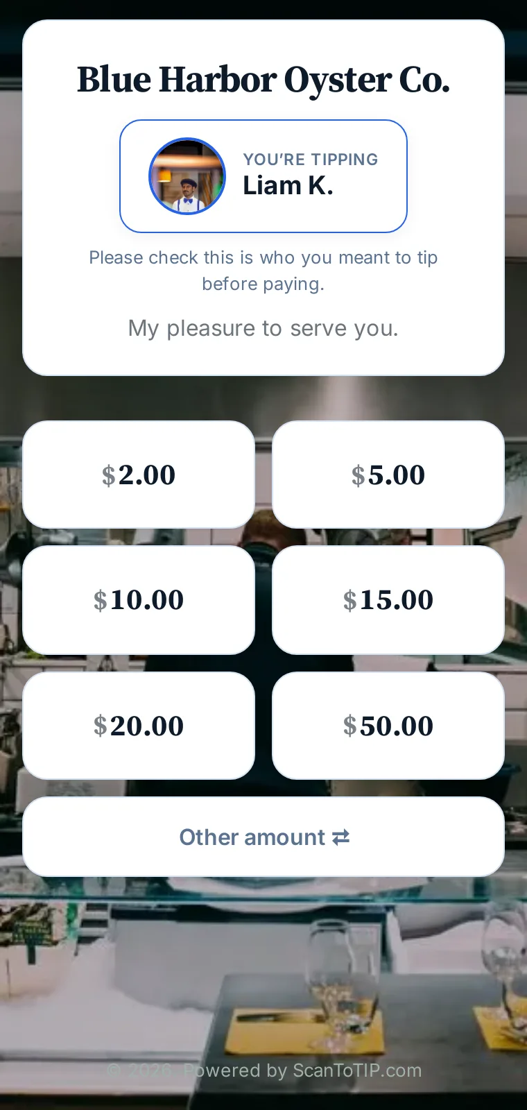 Blue Harbor Oyster Co. tip page on a phone